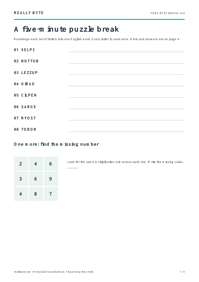 Actual puzzle page from the free Byte Break sampler