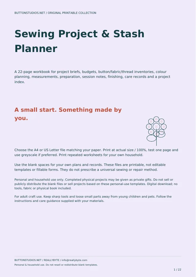 Actual first-page preview of Sewing Project & Stash Planner