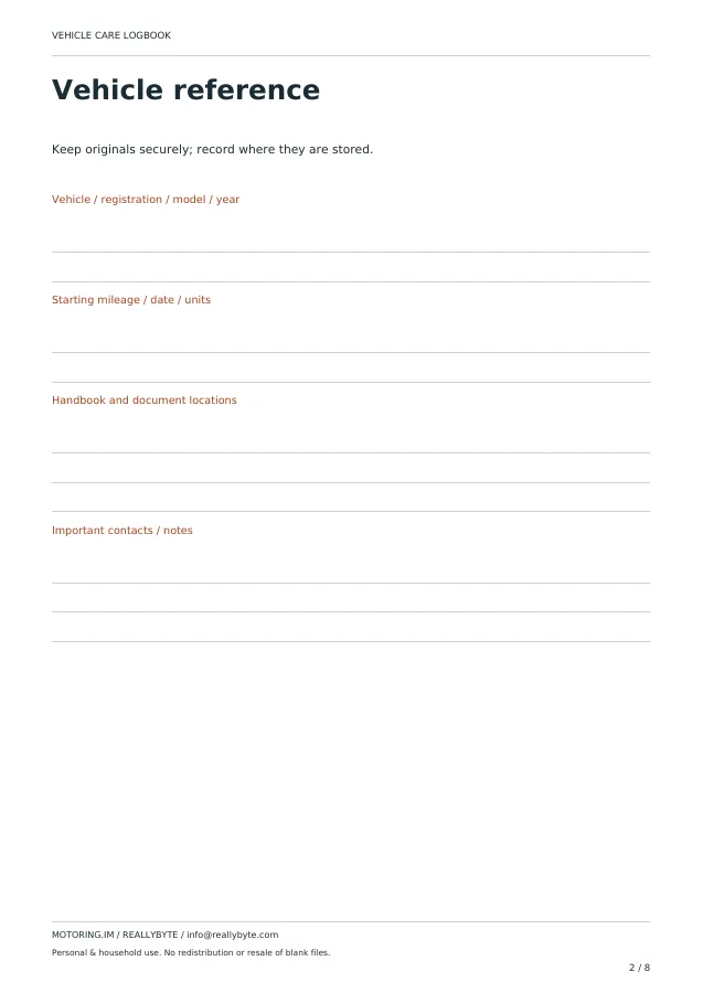 Actual inside page of Vehicle Care Logbook